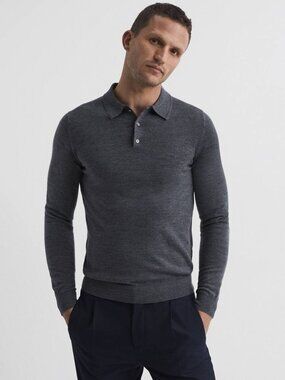 Reiss Polo Sweater Extra Fine Merino Wool Trafford Heather Gray Mens Medium